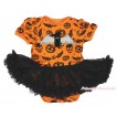Halloween Pumpkin Bat Skeleton Baby Bodysuit Black Pettiskirt & 1st Angel Birthday Number Print JS4800